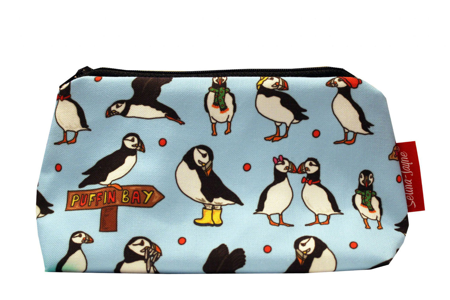 Puffins cosmetic bag by Selina-Jayne featuring vibrant sea bird design with HD print on durable polyester fabric