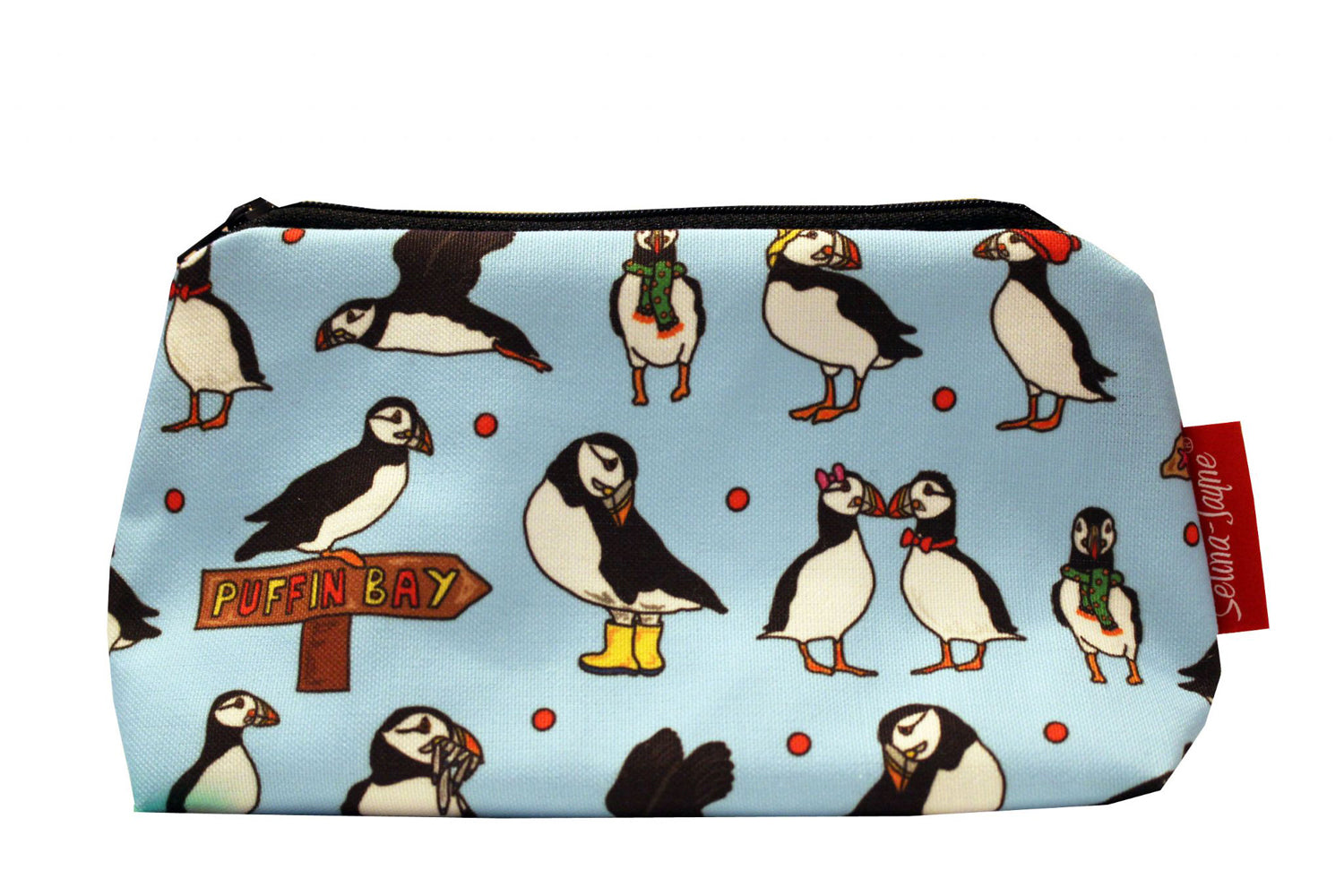 Puffins cosmetic bag by Selina-Jayne featuring vibrant sea bird design with HD print on durable polyester fabric