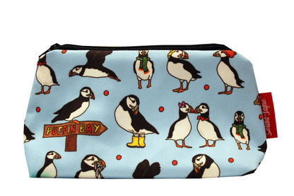 Puffins cosmetic bag by Selina-Jayne featuring vibrant sea bird design with HD print on durable polyester fabric