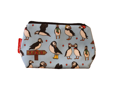 Puffins cosmetic bag by Selina-Jayne featuring vibrant sea bird design with HD print on durable polyester fabric