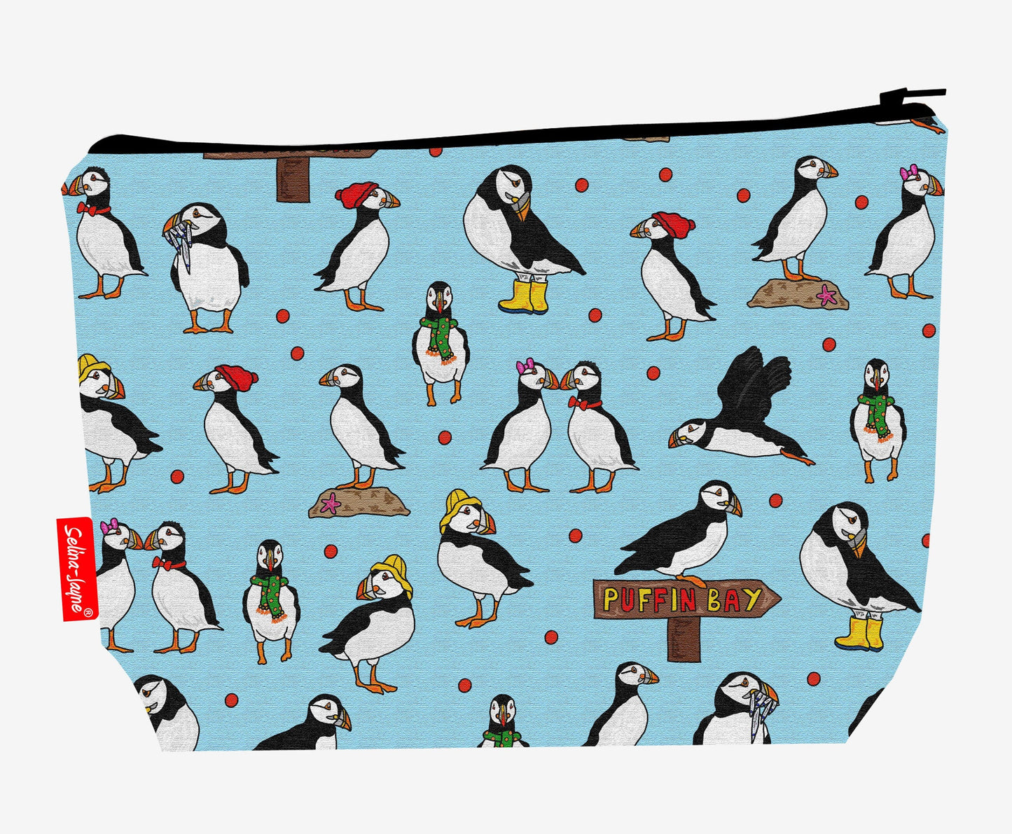 Puffins toiletry bag showing charming Atlantic seabird design with washable lining and coordinated zip