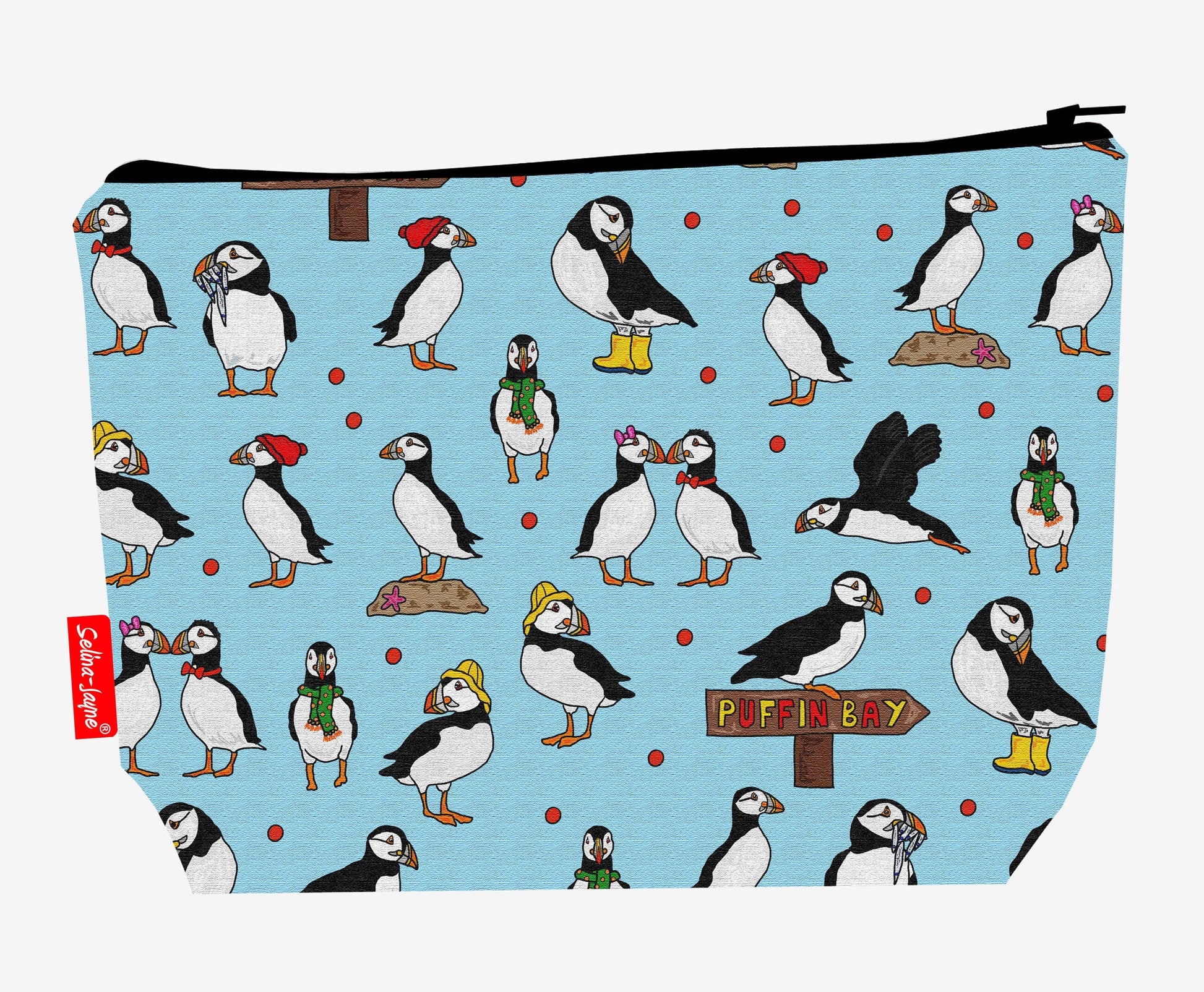Puffins toiletry bag showing charming Atlantic seabird design with washable lining and coordinated zip