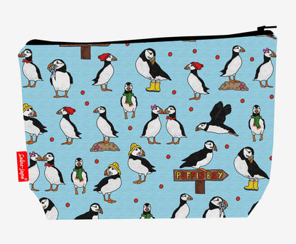 Puffins toiletry bag showing charming Atlantic seabird design with washable lining and coordinated zip