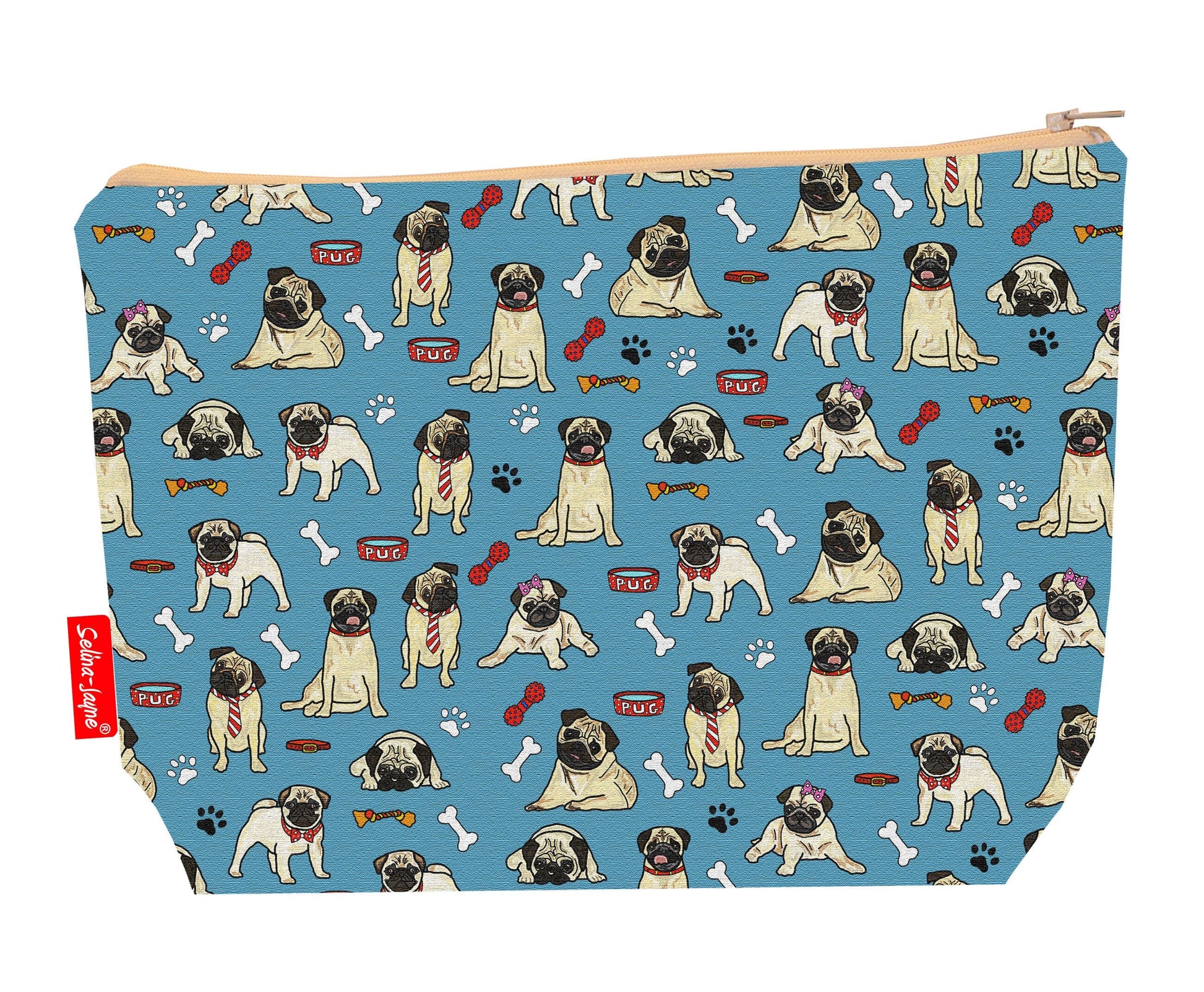 Pug dogs toiletry bag showing adorable wrinkly-faced dog breed design with washable lining and coordinated zip