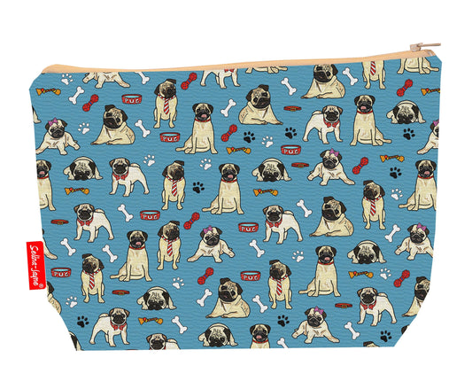 Pug dogs toiletry bag showing adorable wrinkly-faced dog breed design with washable lining and coordinated zip