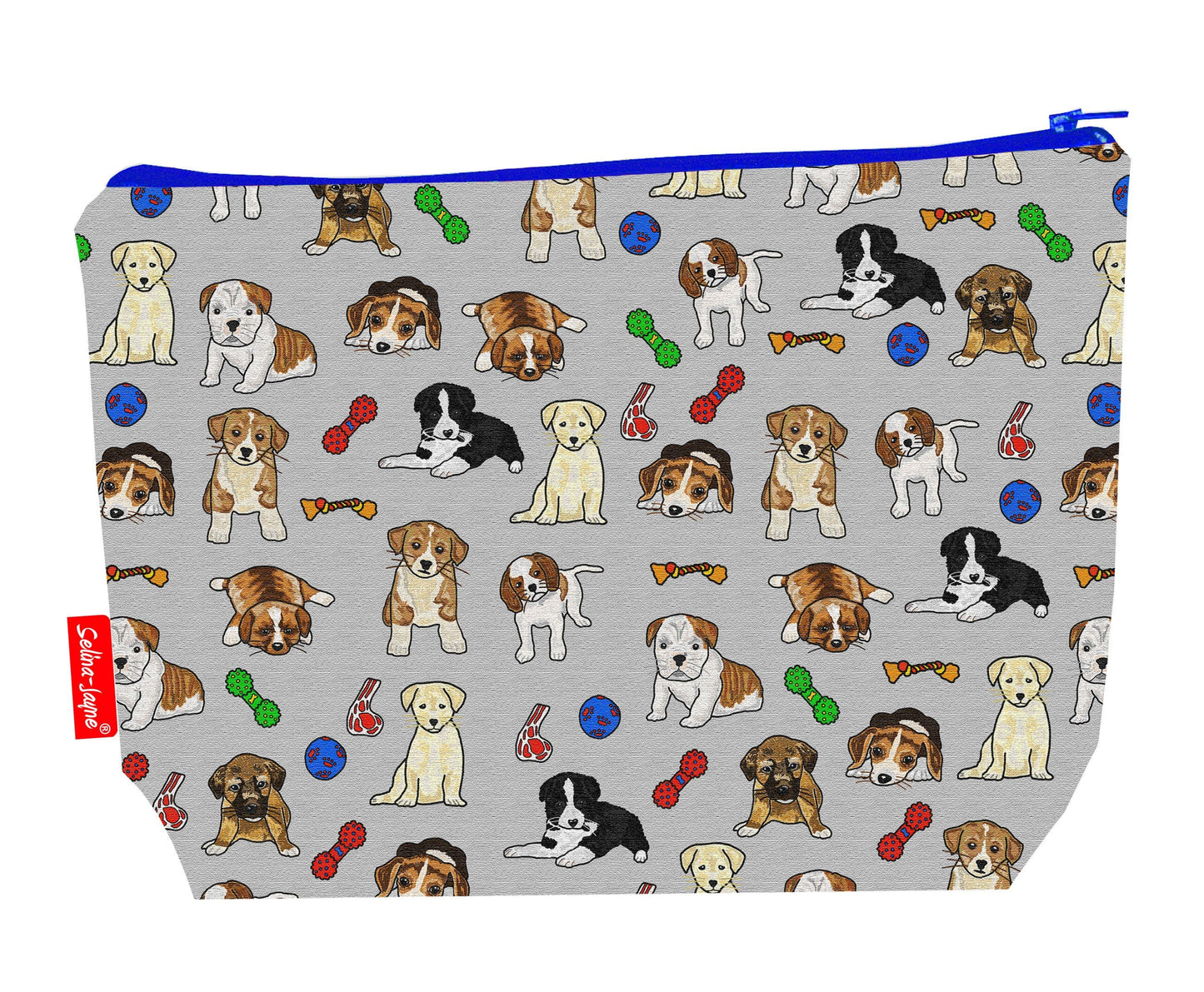 Puppies toiletry bag showing adorable young dog design with washable lining and coordinated zip