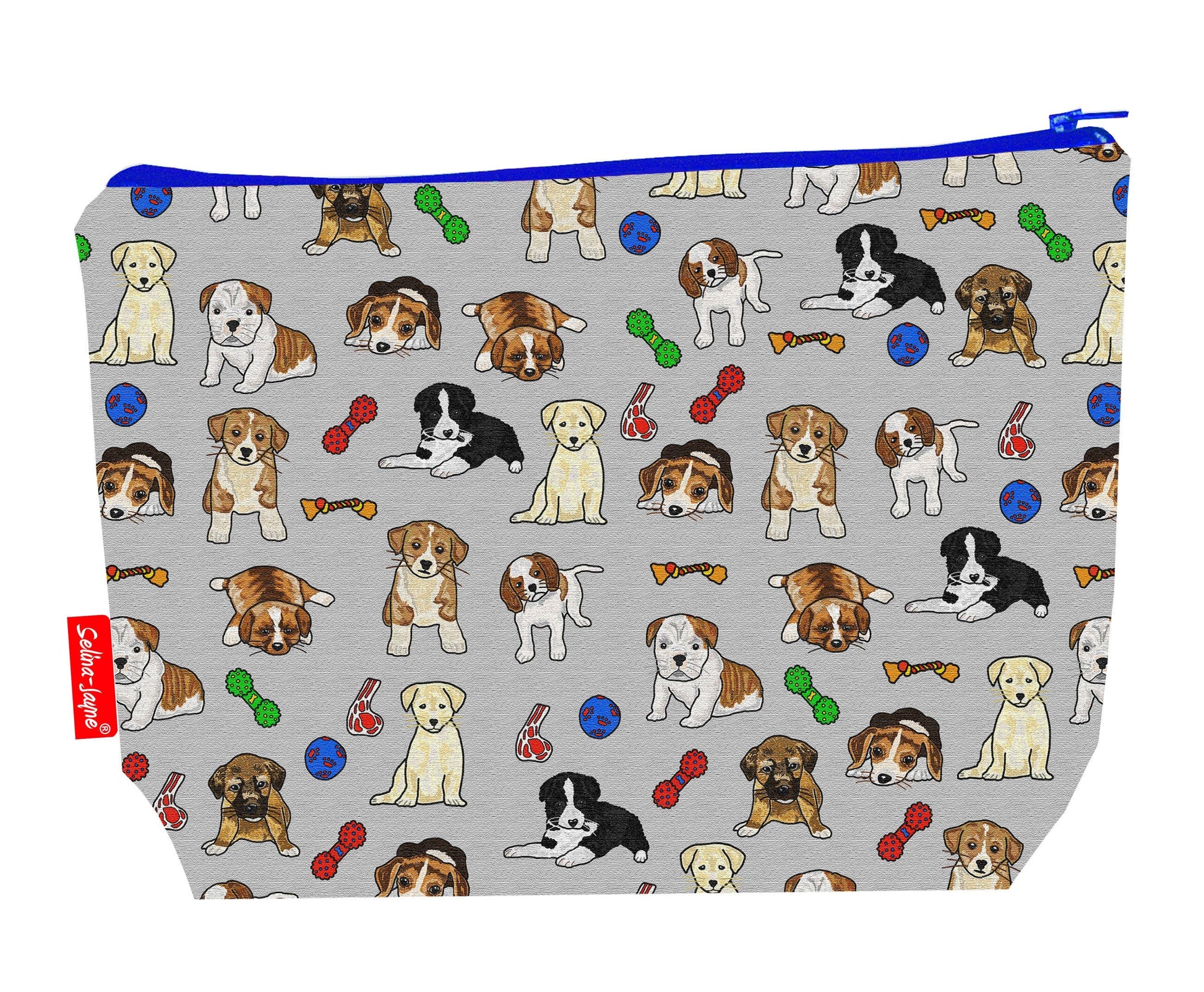 Puppies toiletry bag showing adorable young dog design with washable lining and coordinated zip