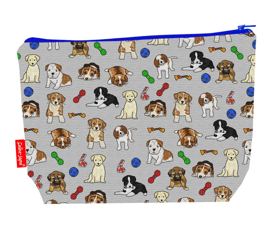 Puppies toiletry bag showing adorable young dog design with washable lining and coordinated zip