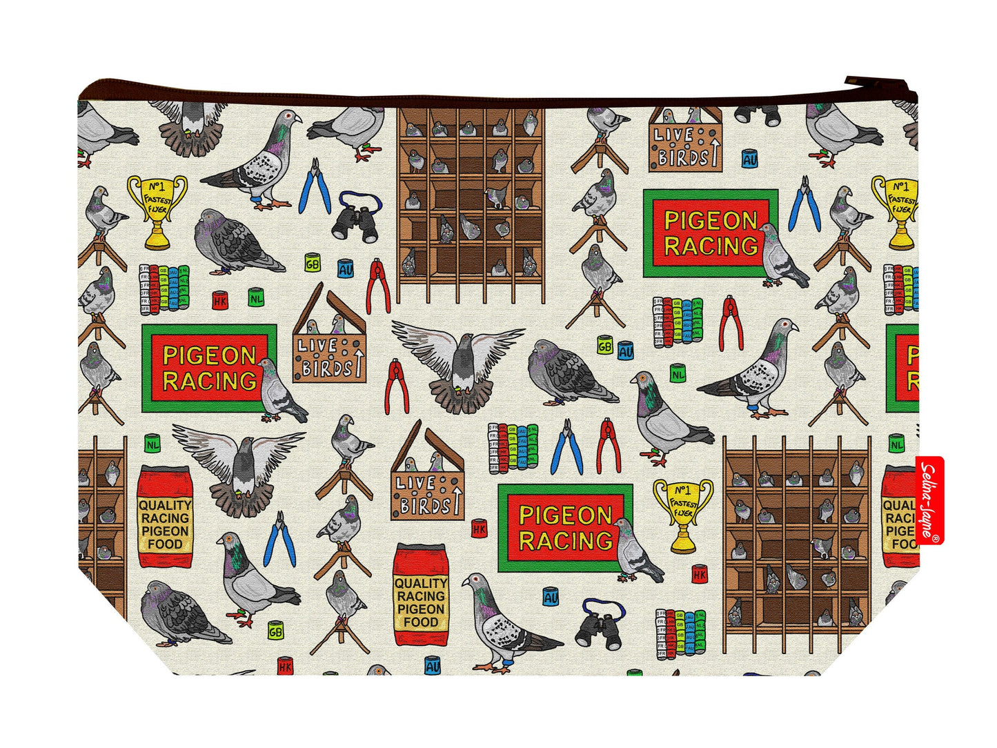 Racing pigeons toiletry bag showing dynamic homing bird design with washable lining and coordinated zip