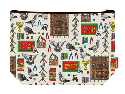 Racing pigeons toiletry bag showing dynamic homing bird design with washable lining and coordinated zip