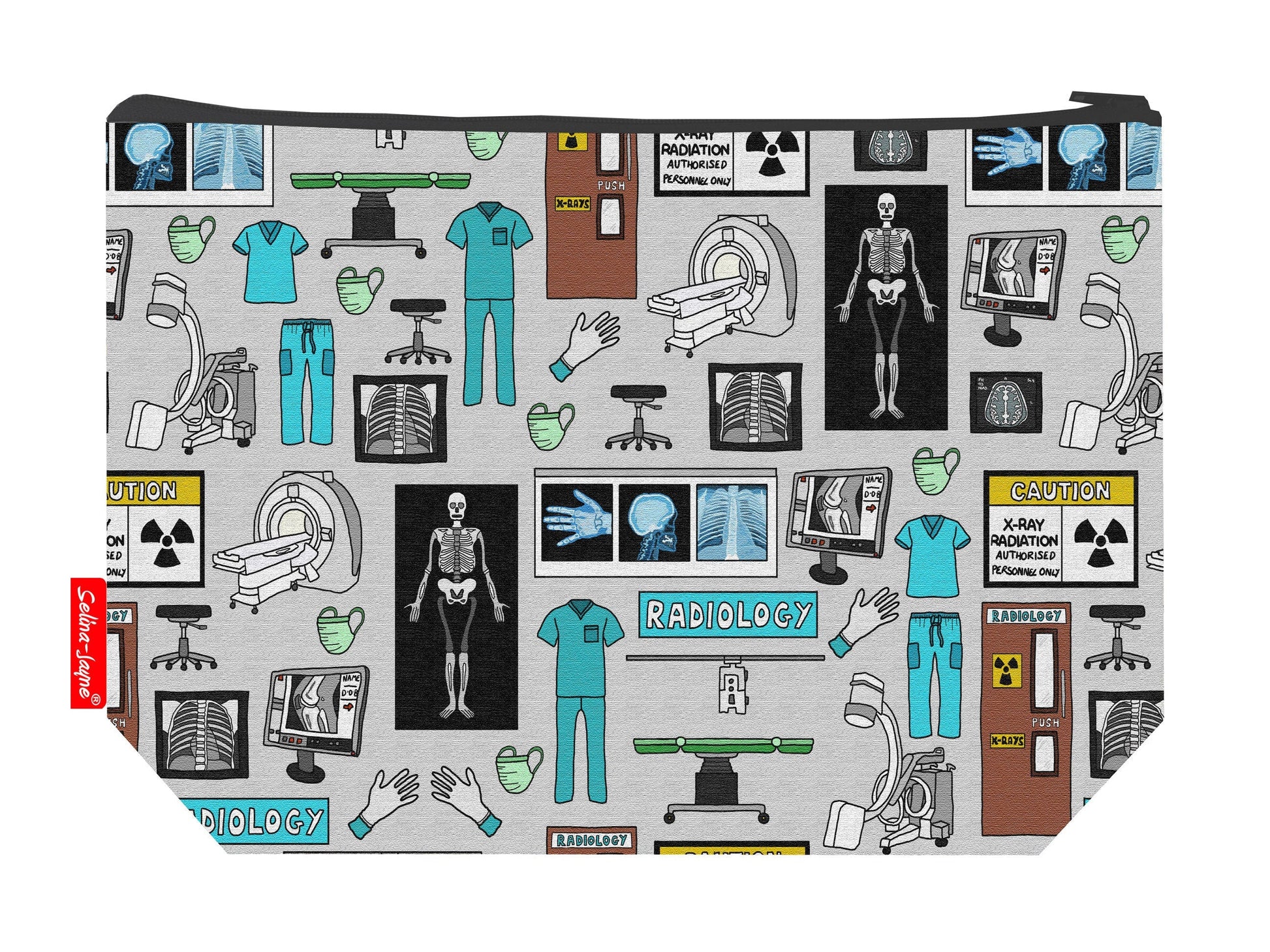 Radiologist toiletry bag showing professional medical imaging design with washable lining and coordinated zip