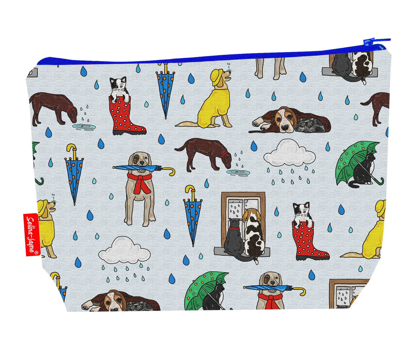 Raining cats and dogs toiletry bag showing playful British saying design with washable lining and coordinated zip