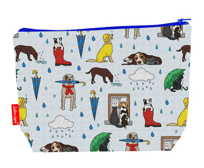 Raining cats and dogs toiletry bag showing playful British saying design with washable lining and coordinated zip