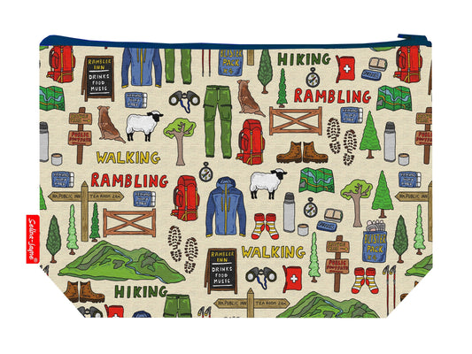 Rambler toiletry bag showing scenic countryside and hiking design with washable lining and coordinated zip