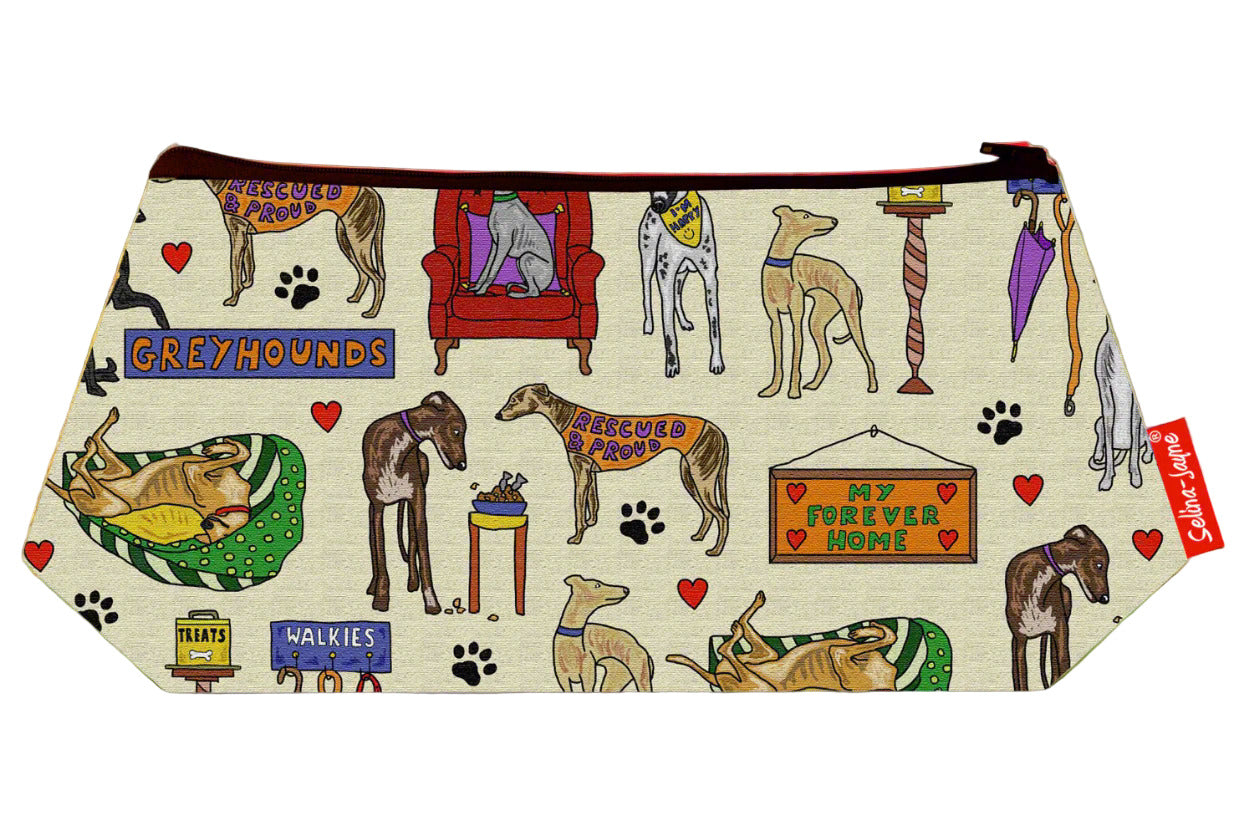 Retired Greyhound cosmetic bag by Selina-Jayne featuring vibrant greyhound rescue design with HD print on durable polyester fabric