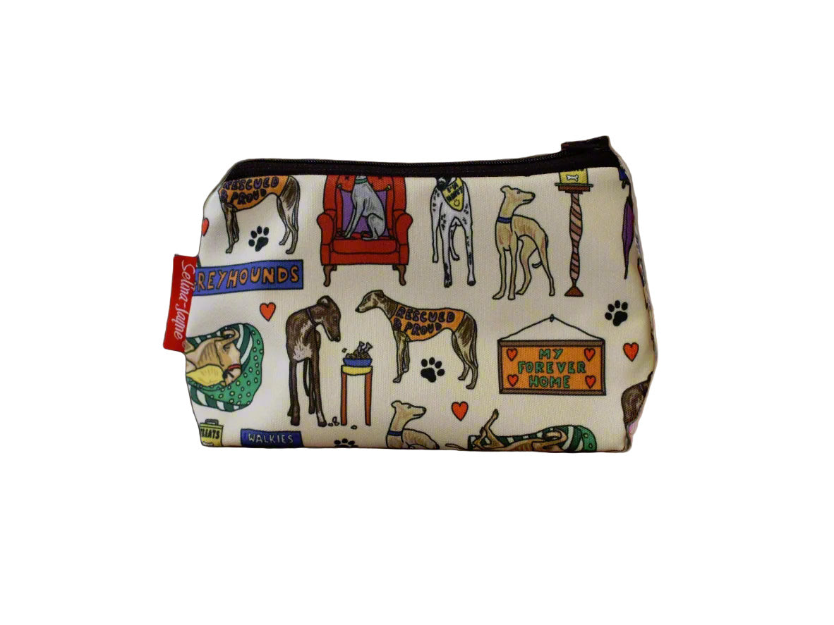 Retired Greyhound cosmetic bag by Selina-Jayne featuring vibrant greyhound rescue design with HD print on durable polyester fabric