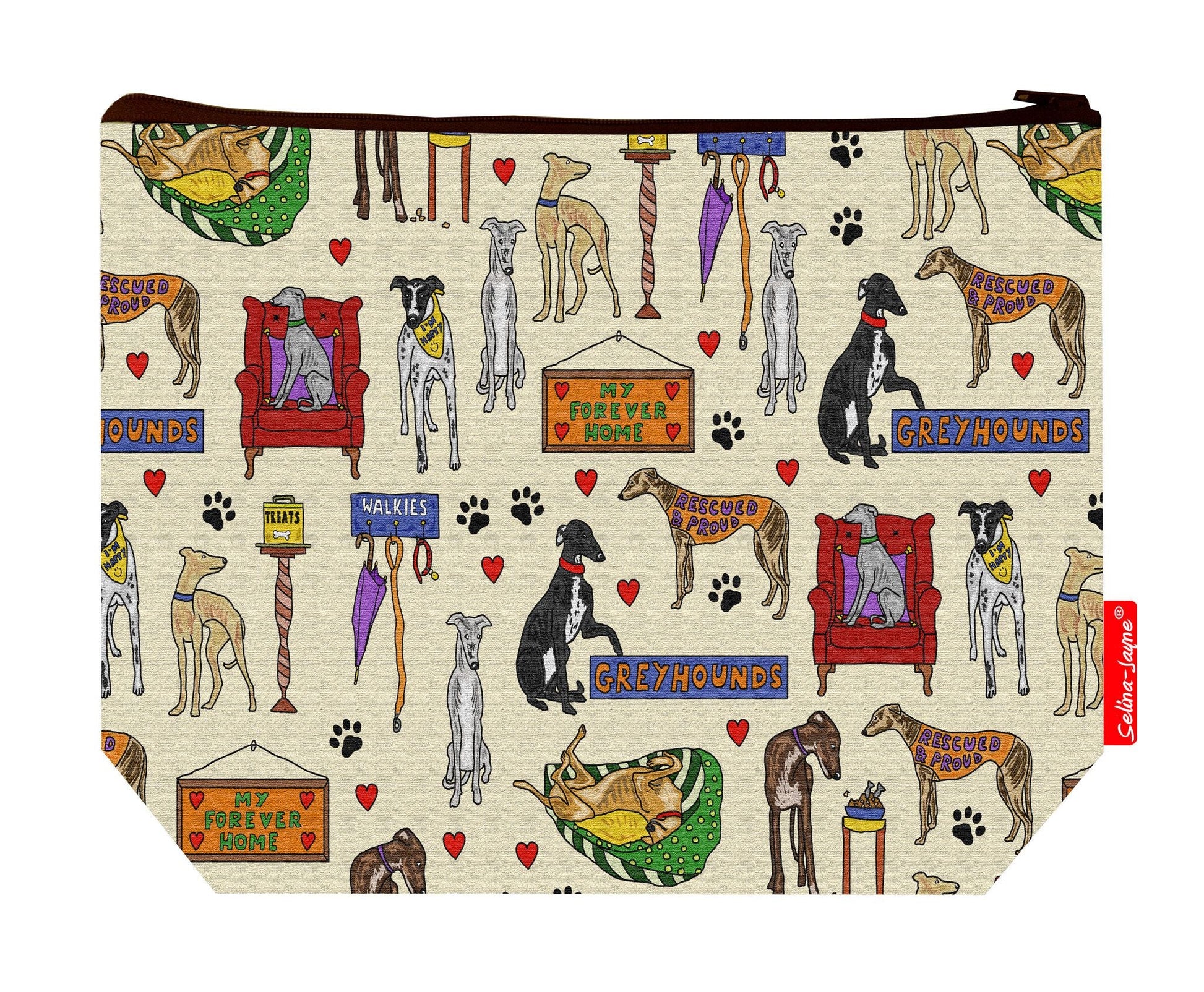 Premium dog lover wash bag featuring retired greyhound design - practical 29cm travel size
