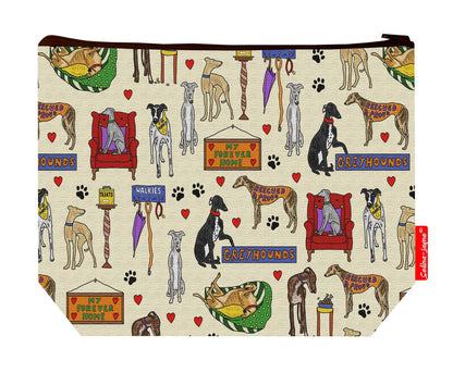 Premium dog lover wash bag featuring retired greyhound design - practical 29cm travel size