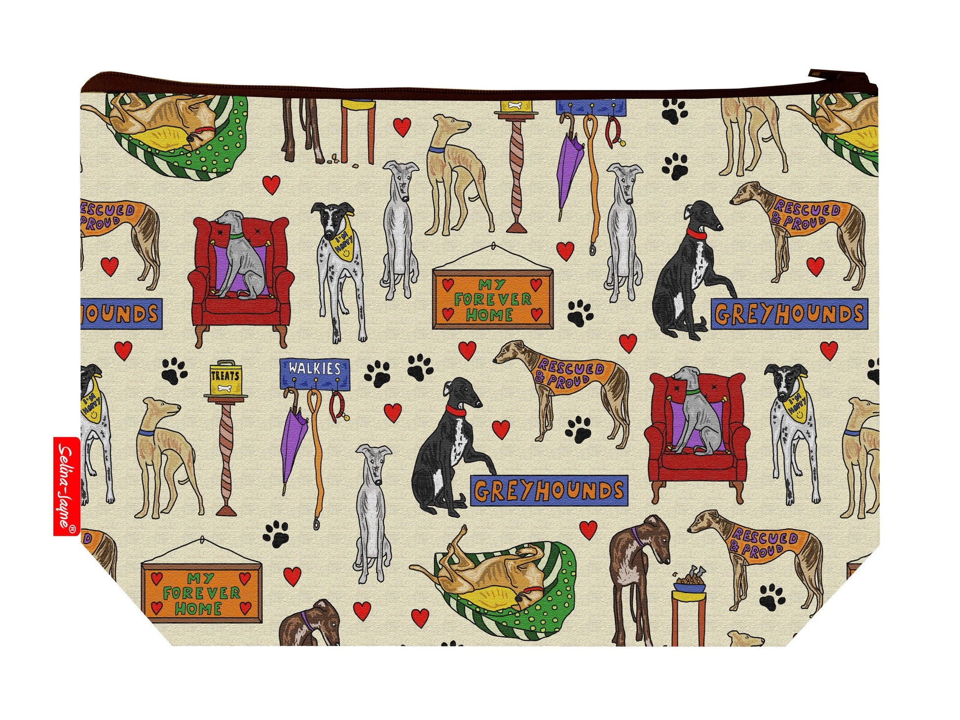Retired greyhound toiletry bag with vibrant HD print and washable lining by Selina-Jayne Designs