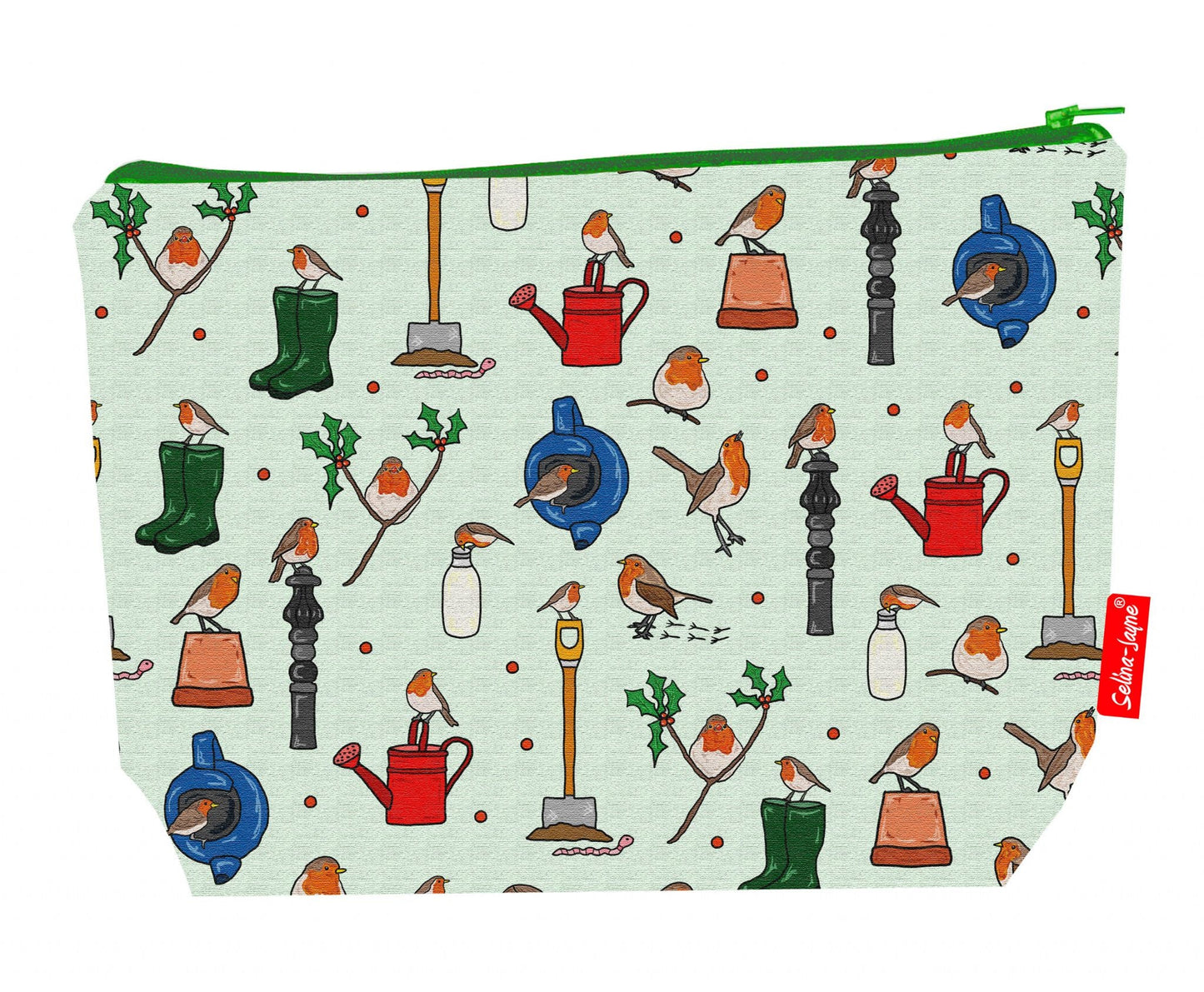 Premium bird lover wash bag featuring robin design - practical 29cm travel size