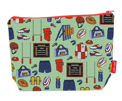 Premium sports lover wash bag featuring rugby design - practical 29cm travel size