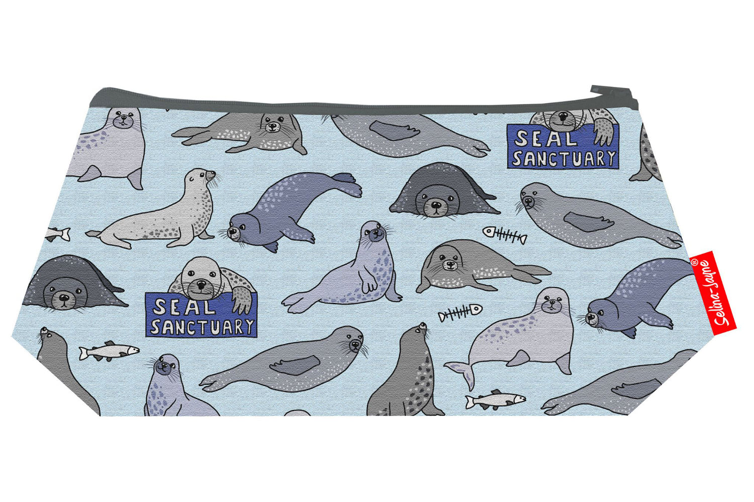 Seals cosmetic bag by Selina-Jayne featuring vibrant marine animal design with HD print on durable polyester fabric