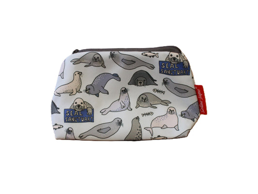 Seals cosmetic bag by Selina-Jayne featuring vibrant marine animal design with HD print on durable polyester fabric