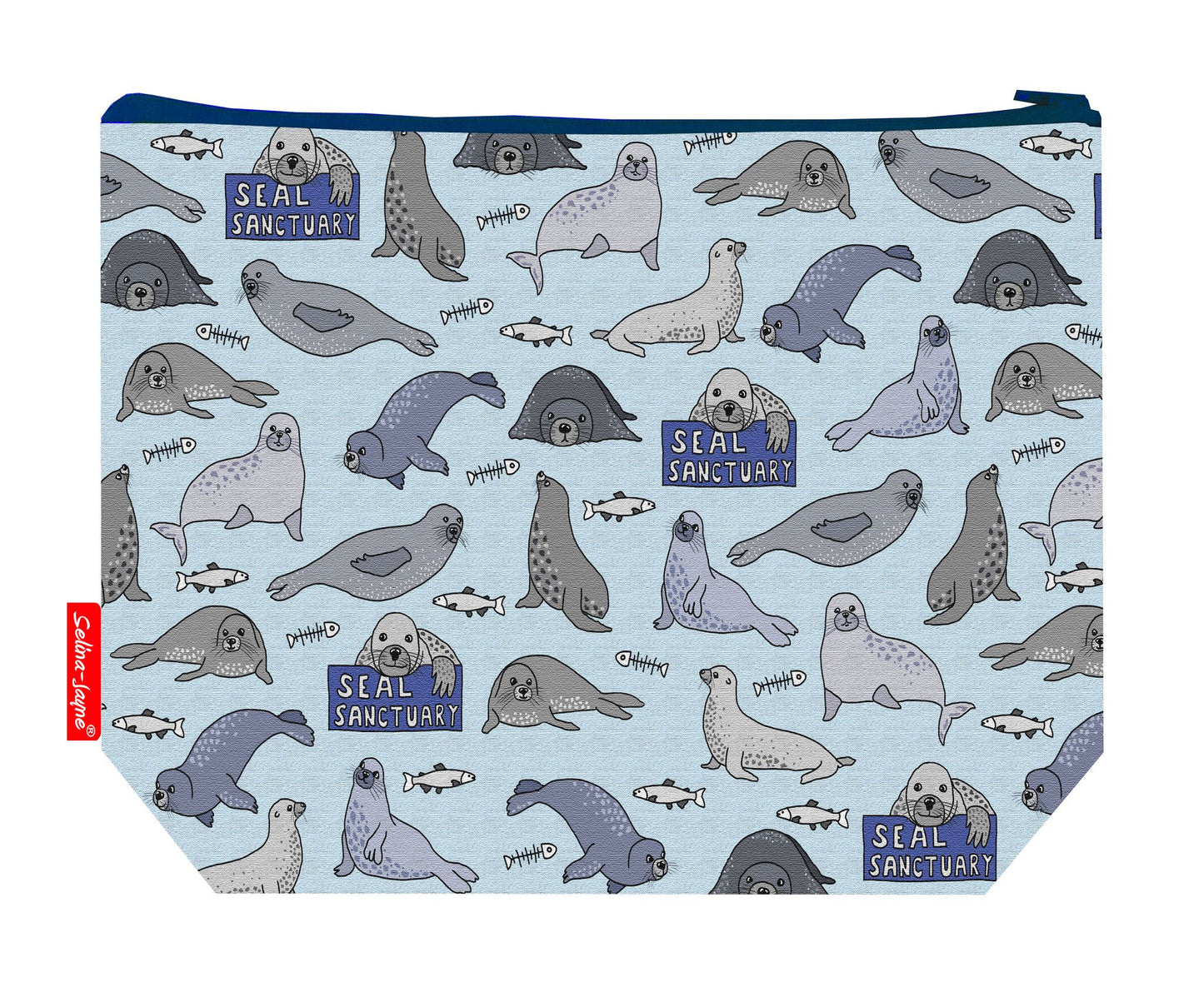 Seals toiletry bag with vibrant HD print and washable lining by Selina-Jayne Designs