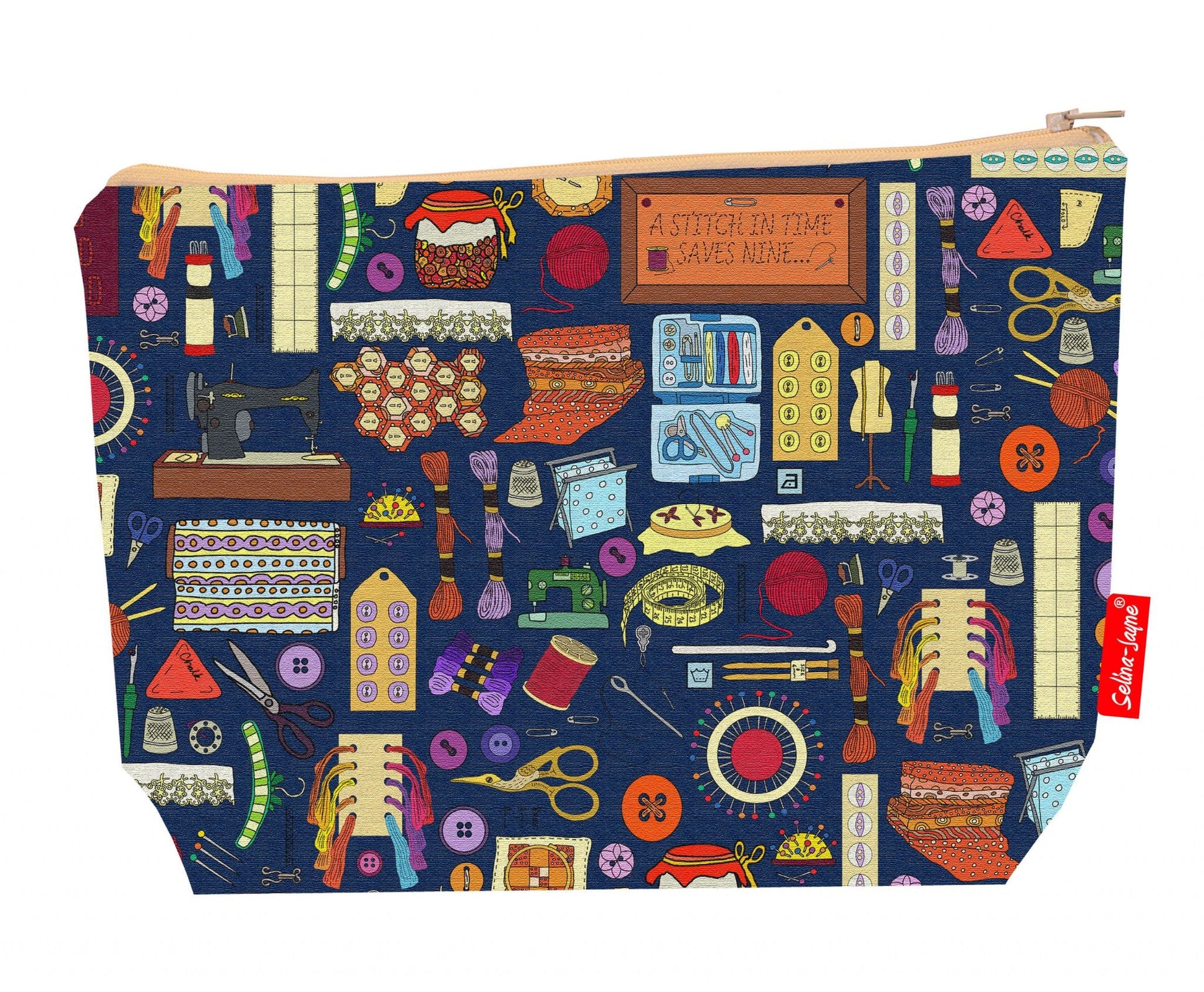 Premium quilter wash bag featuring sewing design - practical 29cm travel size