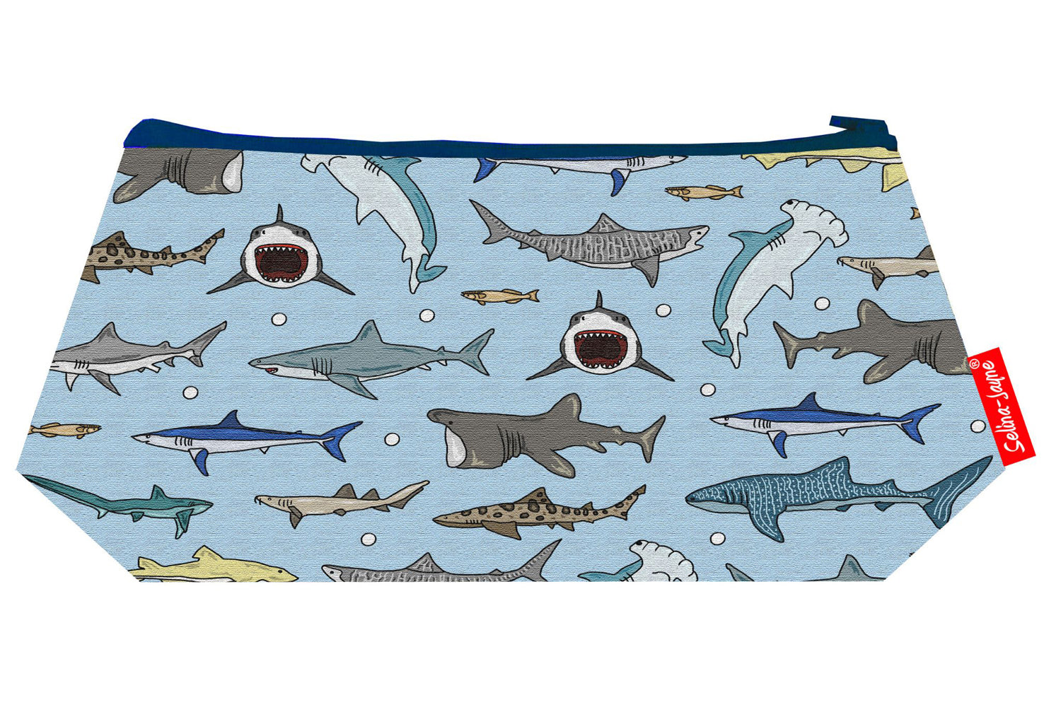 Sharks cosmetic bag with vibrant ocean predator print featuring great white sharks, hammerheads and reef sharks on blue background by Selina-Jayne Design