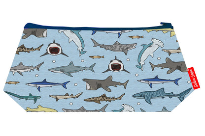 Sharks cosmetic bag with vibrant ocean predator print featuring great white sharks, hammerheads and reef sharks on blue background by Selina-Jayne Design