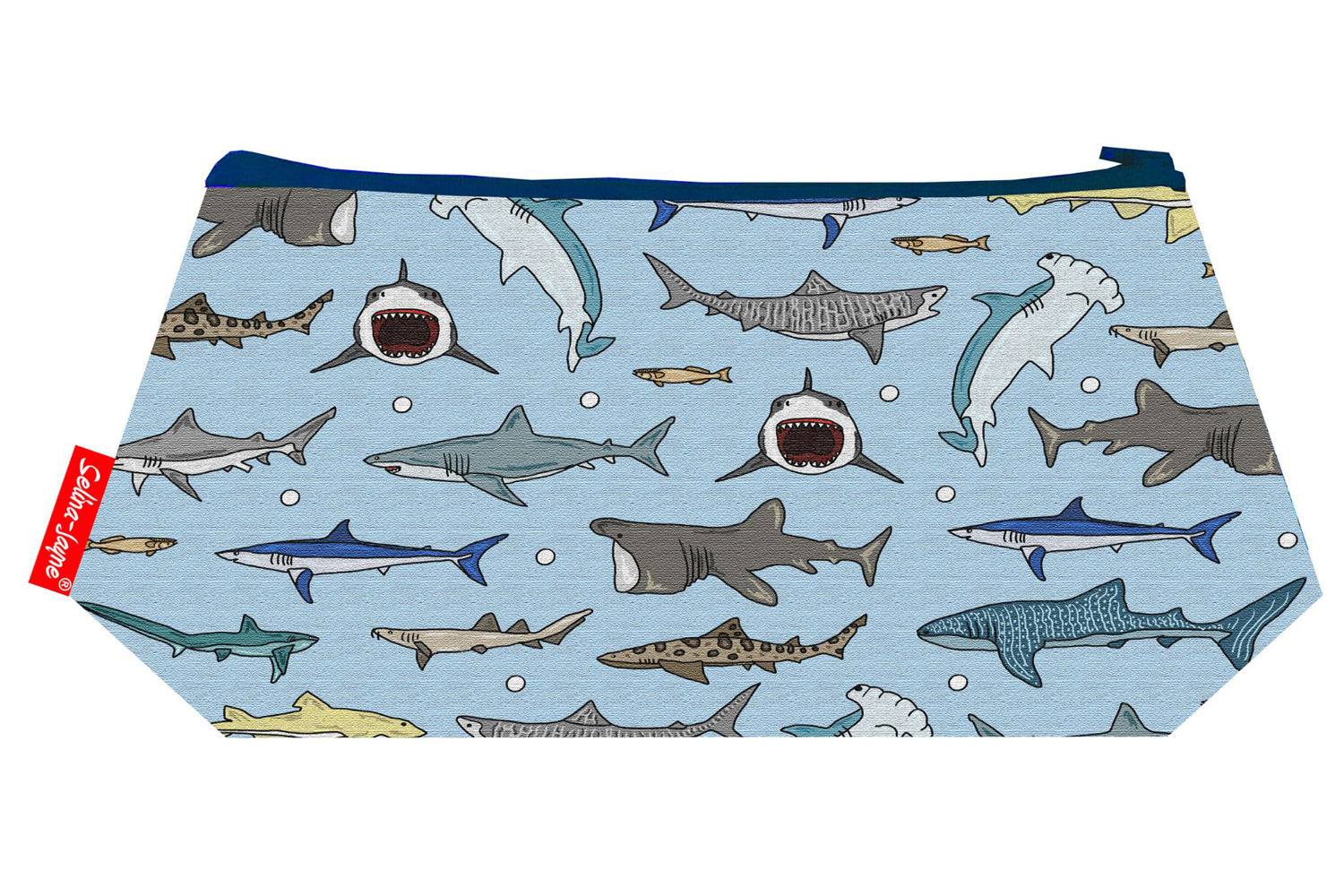 Sharks cosmetic bag with vibrant ocean predator print featuring great white sharks, hammerheads and reef sharks on blue background by Selina-Jayne Design