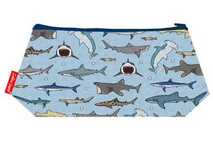Sharks cosmetic bag with vibrant ocean predator print featuring great white sharks, hammerheads and reef sharks on blue background by Selina-Jayne Design