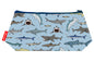 Sharks cosmetic bag with vibrant ocean predator print featuring great white sharks, hammerheads and reef sharks on blue background by Selina-Jayne Design