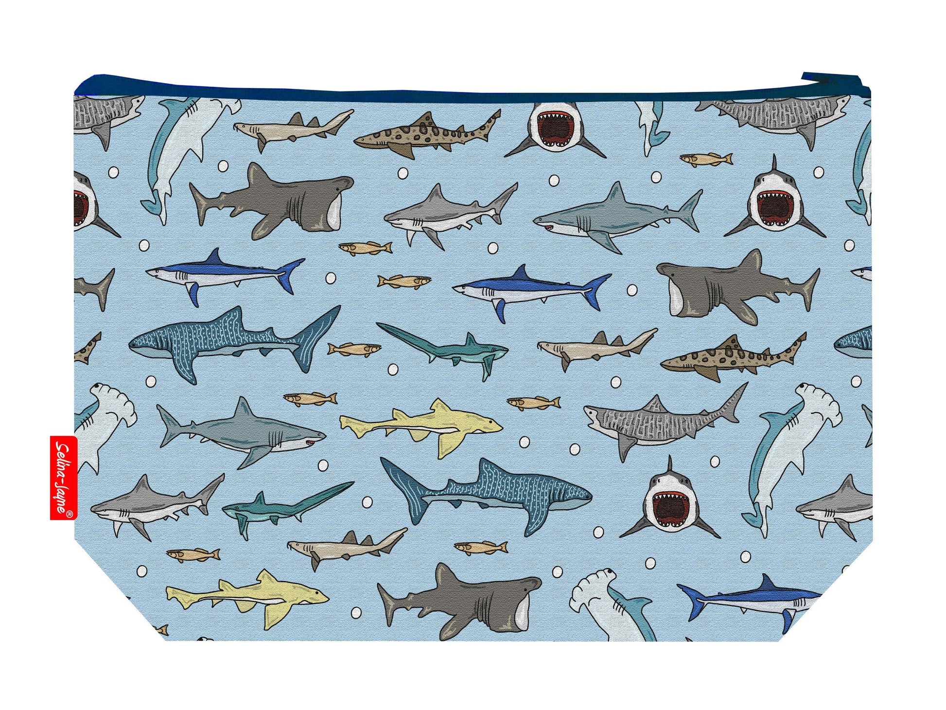 Sharks toiletry bag with vibrant HD print and washable lining by Selina-Jayne Designs
