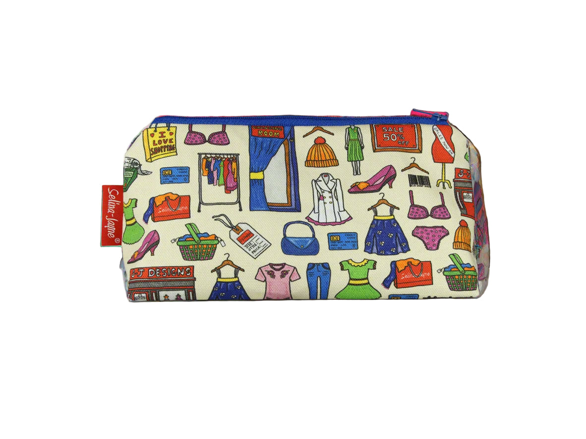 Shopaholic cosmetic bag by Selina-Jayne featuring vibrant shopping lover design with HD print on durable polyester fabric