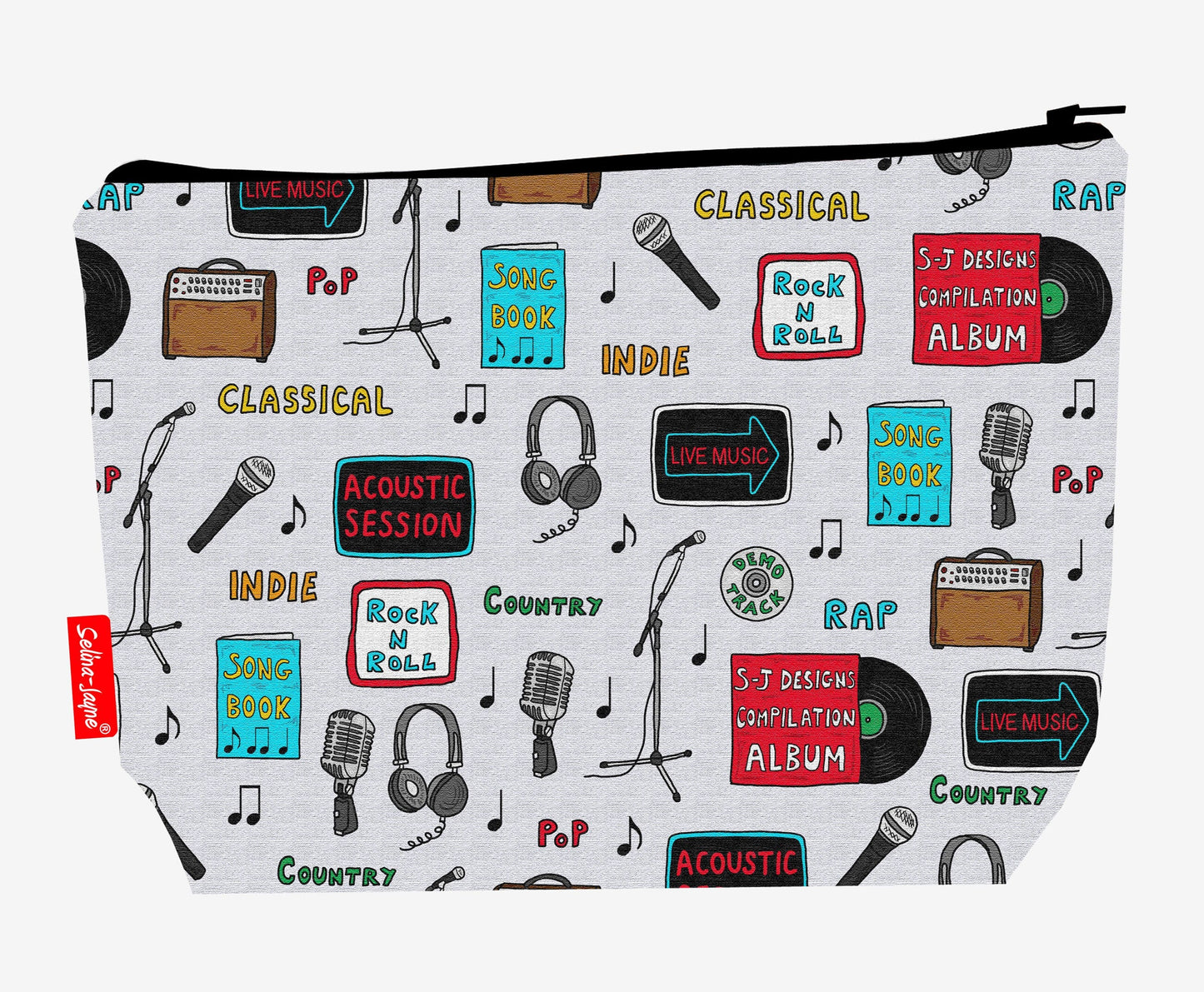 Singer toiletry bag featuring vibrant music-themed design with HD print by Selina-Jayne Designs