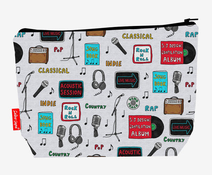 Singer toiletry bag featuring vibrant music-themed design with HD print by Selina-Jayne Designs