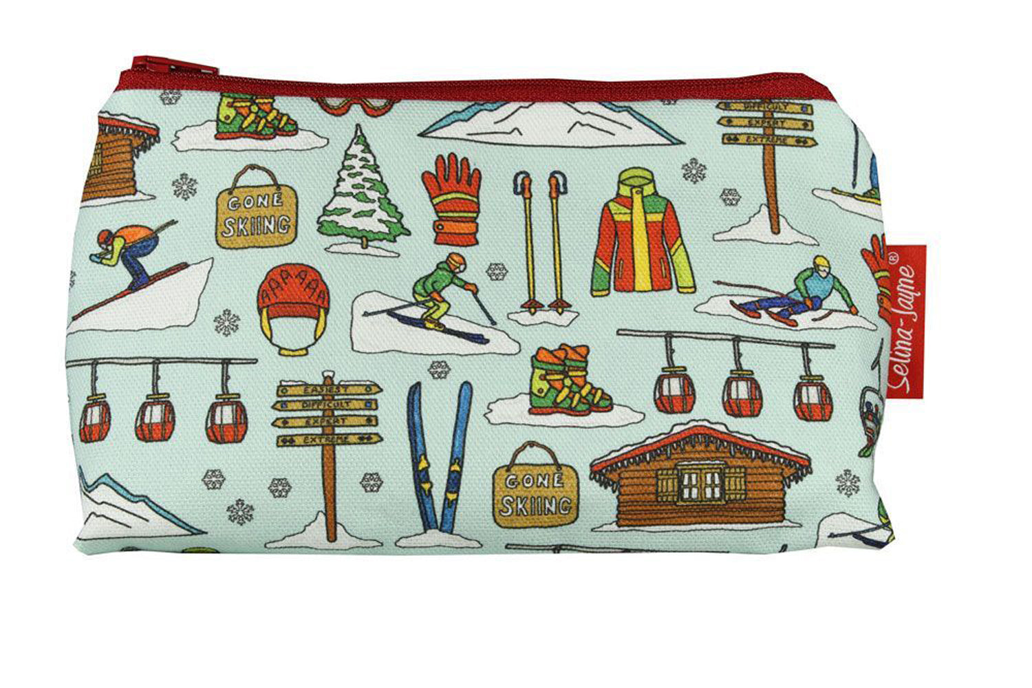 Skiing cosmetic bag by Selina-Jayne featuring vibrant skier design with HD print on durable polyester fabric