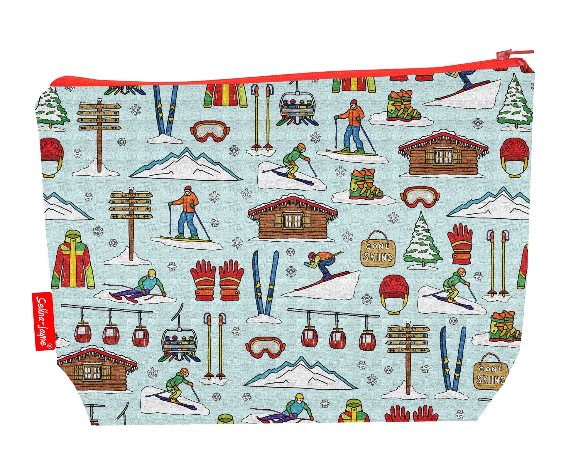 Skiing toiletry bag featuring dynamic winter sports design with vibrant HD print by Selina-Jayne Designs