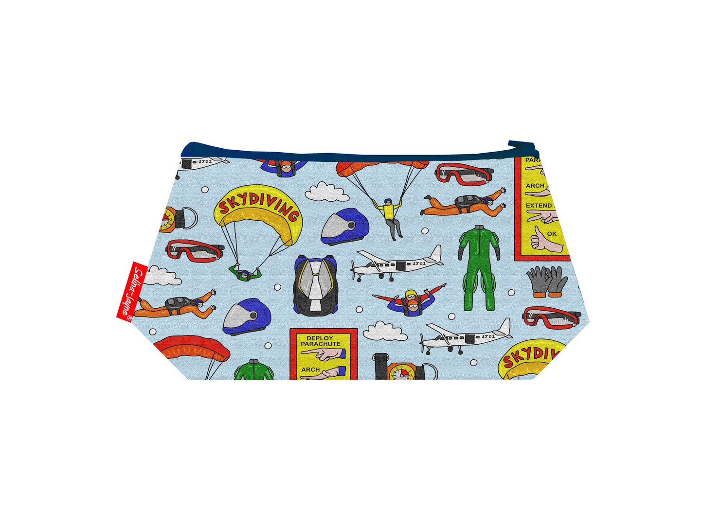 Skydiving cosmetic bag by Selina-Jayne featuring vibrant parachuting design with HD print on durable polyester fabric