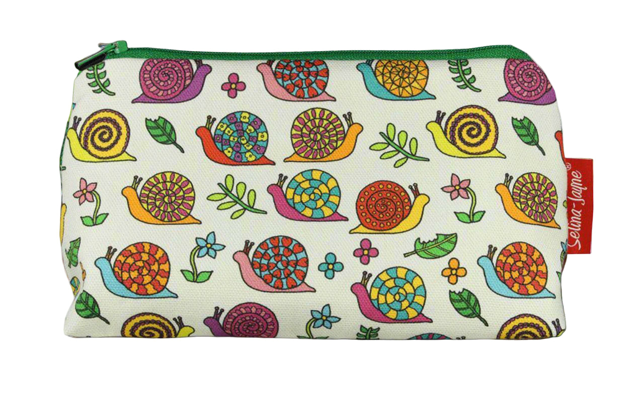 Snails cosmetic bag by Selina-Jayne featuring vibrant garden creature design with HD print on durable polyester fabric