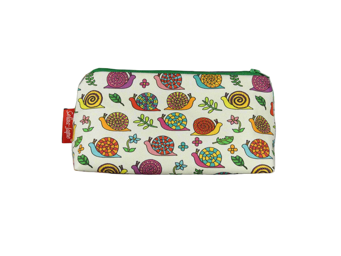 Snails cosmetic bag by Selina-Jayne featuring vibrant garden creature design with HD print on durable polyester fabric