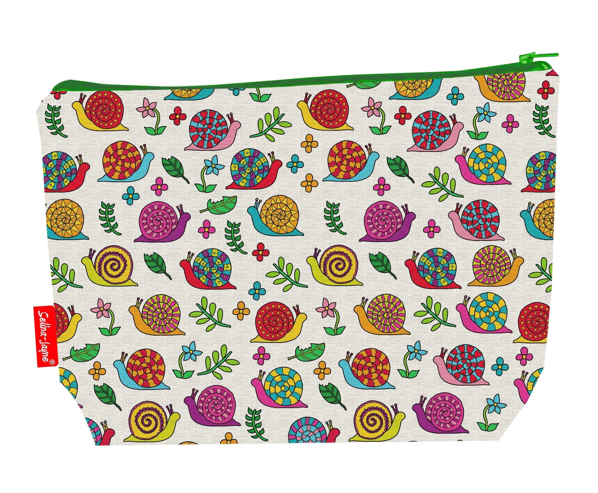 Snails toiletry bag featuring charming garden design with vibrant HD print by Selina-Jayne Designs