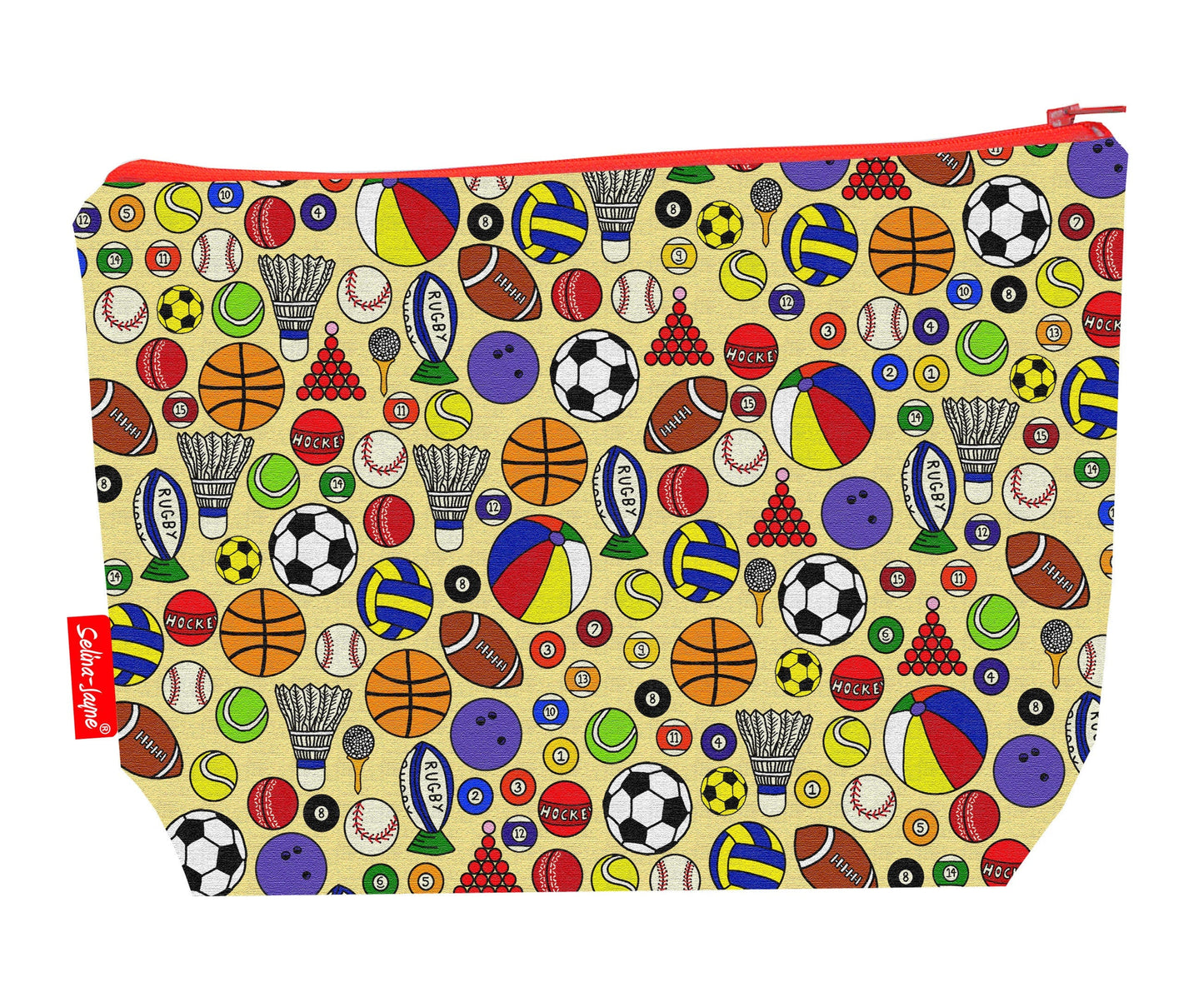 Sports toiletry bag featuring dynamic sports ball design with vibrant HD print by Selina-Jayne Designs