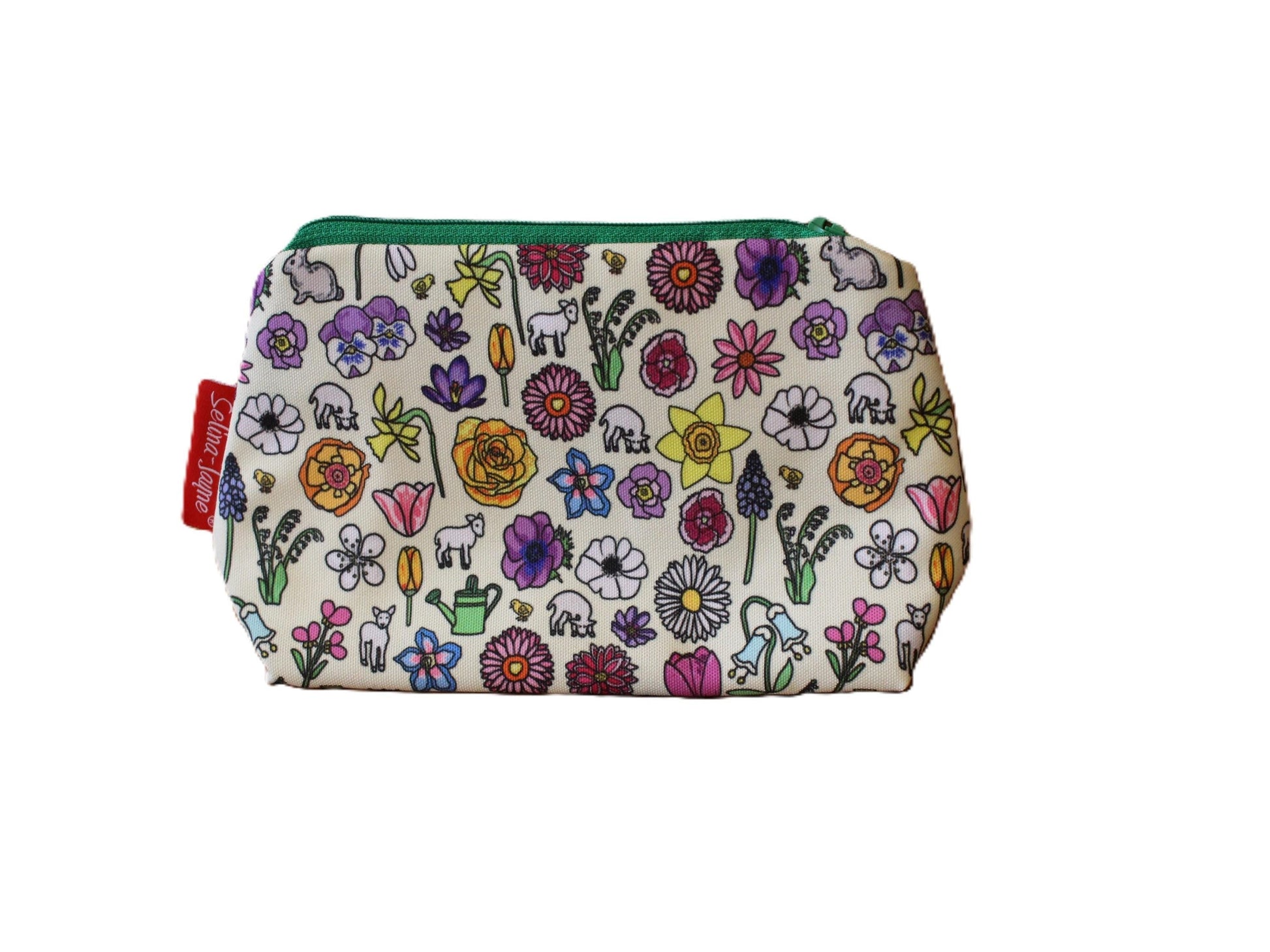 Spring Meadow cosmetic bag by Selina-Jayne featuring vibrant wildflower design with HD print on durable polyester fabric