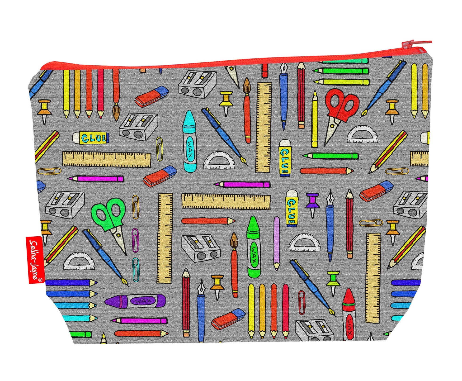 Stationery toiletry bag featuring creative office supplies design with vibrant HD print by Selina-Jayne Designs