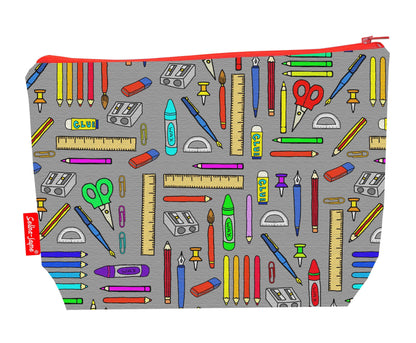 Stationery toiletry bag featuring creative office supplies design with vibrant HD print by Selina-Jayne Designs