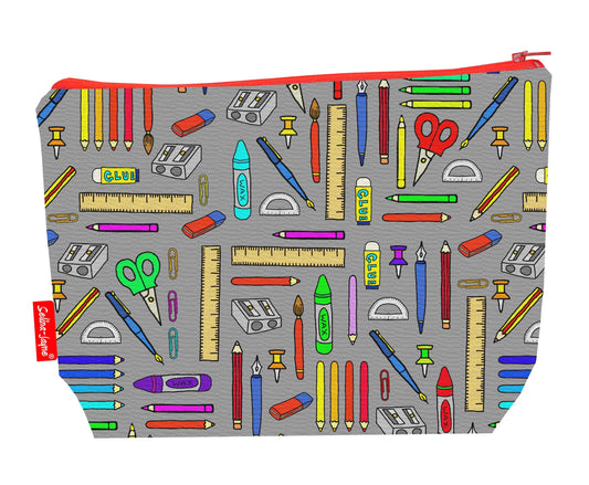 Stationery toiletry bag featuring creative office supplies design with vibrant HD print by Selina-Jayne Designs
