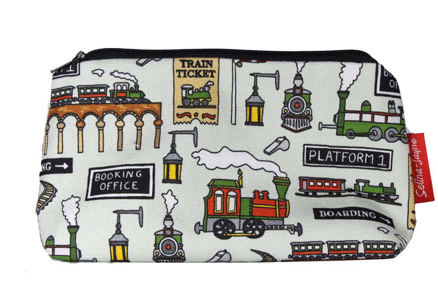 Steam Trains cosmetic bag by Selina-Jayne featuring vintage railway design with vibrant HD print on premium polyester fabric